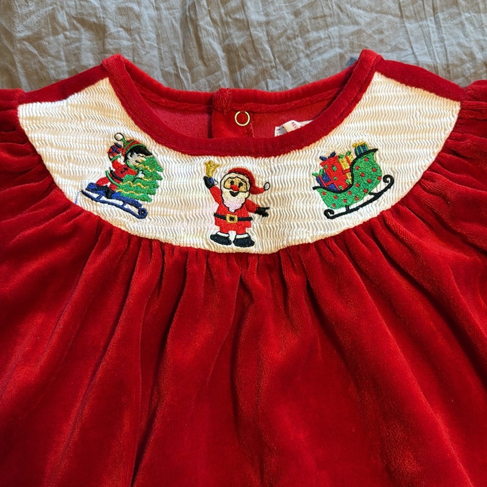Toffee Apple Smocked Velour Short Balloon Sleeve Dress 18 Months Red Christmas